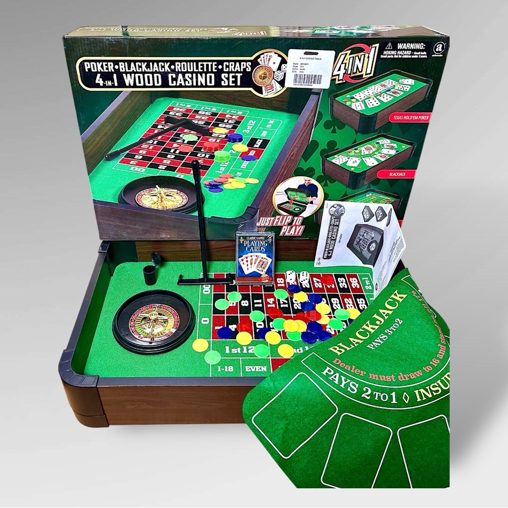Merchant Ambassador 4 in 1 Portable Casino Set Poker Blackjack Roulette Craps